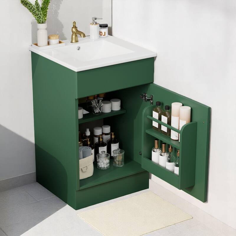 Compact 20 Inch Bathroom Vanity with Ceramic Sink, Painted MDF Cabinet, Soft Close Door, Freestanding - Green