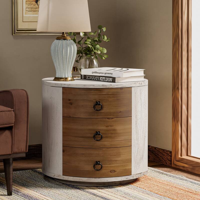 COSIEST Modern Round Solid Wood Storage Chest, Nightstand with 3 Drawers