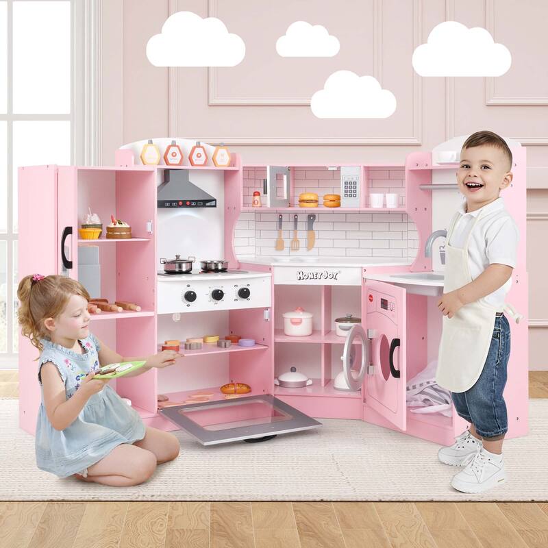 Costway Corner Play Kitchen Toddler Kitchen Playset with Range Hood, - See Details
