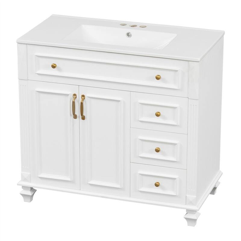 36" Bathroom Vanity with Ceramic Sink, Freestanding Bathroom Vanity Cabinet with Flip-Out Drawer, 3 Drawers & 2 Soft-Close Doors