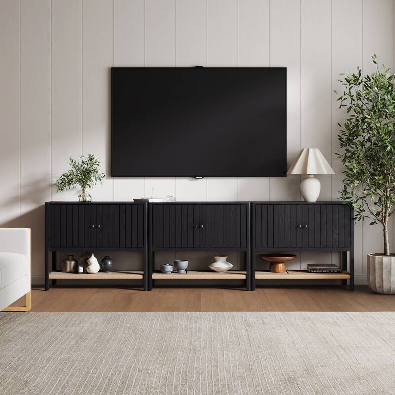 Meads Mid Century Modern Solid Wood Kitchen Cabinet with Adjustable Interior Shelf and Seagrass Bottom Storage - Set of 3 - Black