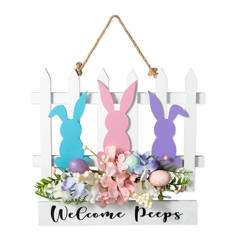 Glitzhome Easter Wooden Cute Bunny Eggs/Fence Door Hanger Wall Decor Spring Gift