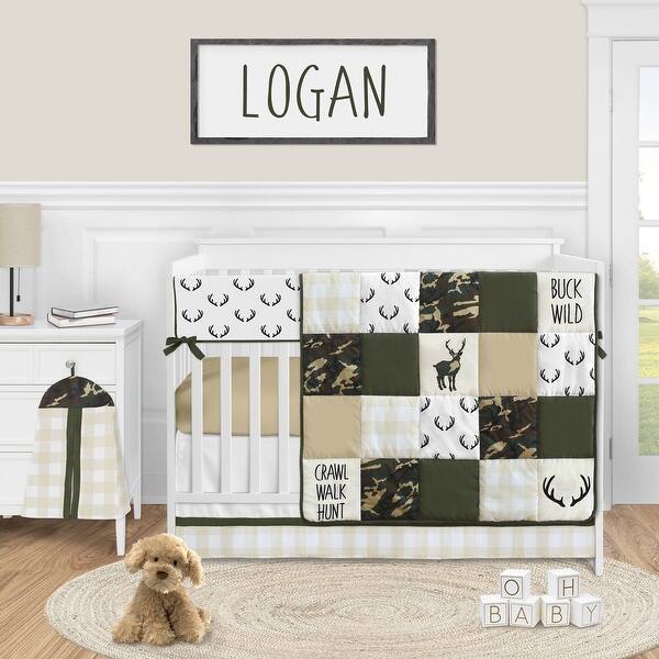 Woodland Camo Deer Collection Boy 5 Piece Nursery Crib Bedding Set Green Beige And Black Rustic Camouflage Buffalo Plaid Check Overstock 31785133