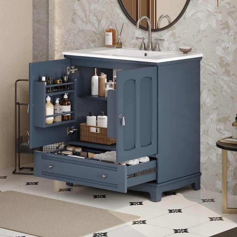 30" Bathroom Vanity with Ceramic Sink, Adjustable Shelf, Drawer with Divider - Blue