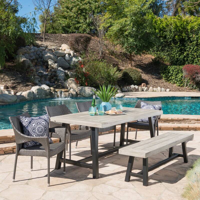 Christopher Knight Home Fletcher Outdoor 6-Piece Rectangular Acacia Wood and Wicker Dining Set - Sandblasted Light Gray/Black Rustic Metal
