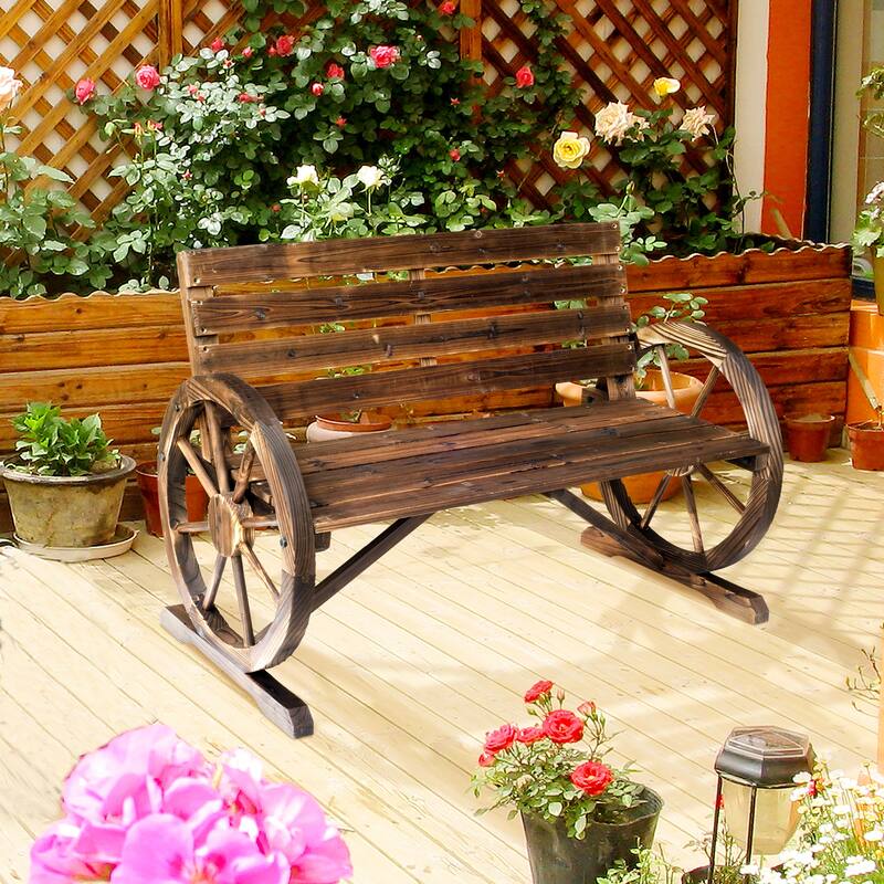 Outsunny Outdoor Patio Wagon Wheel Wooden Bench Chair