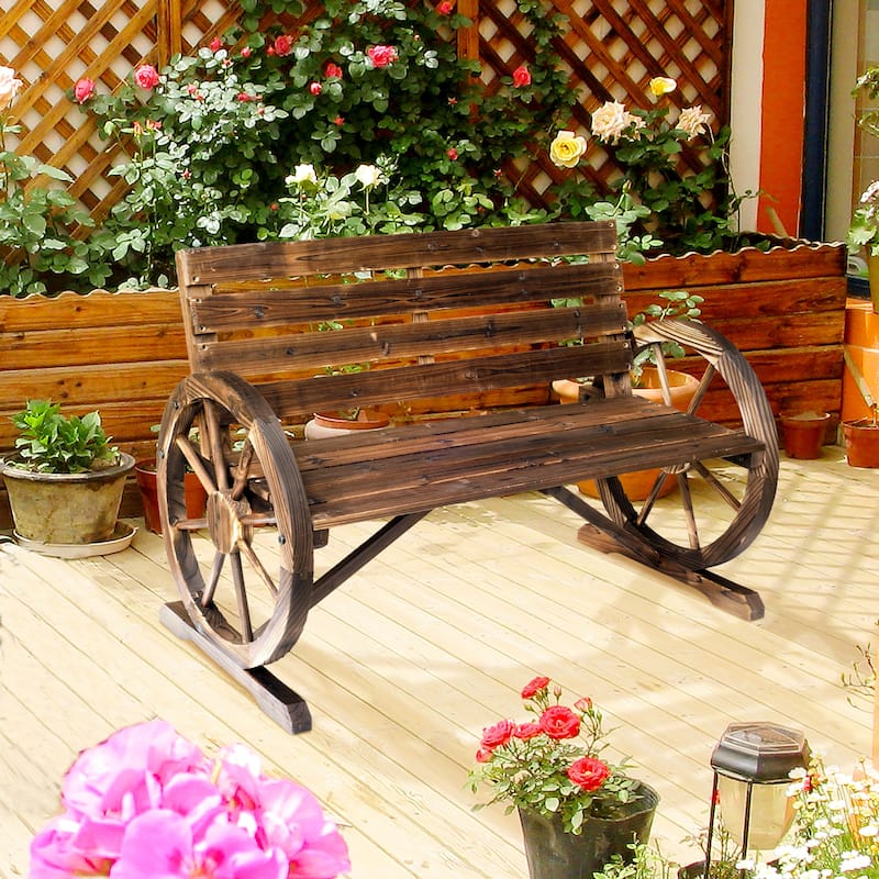Patio Wooden Wagon Wheel Bench, 2-Person Slatted Seat Bench