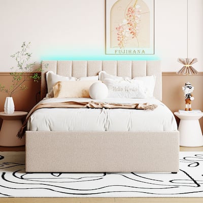 Upholstered Platform Bed with Trundle and LED Lights