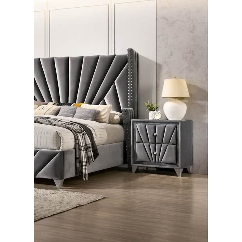 Fabric Upholstered Nightstand with Chrome Legs, Decorative Table with Glass Top, Sofa Side Table with 2 Drawers