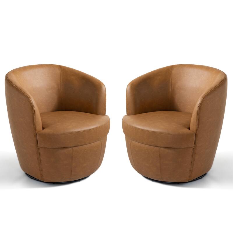 2 Set Faux Leather Club Swivel Barrel Accent Chair
