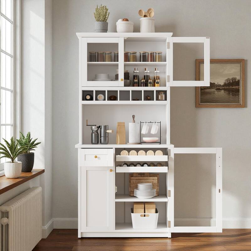 Farmhouse 35" Freestanding Buffet with Hutch, Tall Kitchen Pantry Cabinet with Wine Rack, Drawer, and Adjustable Shelves