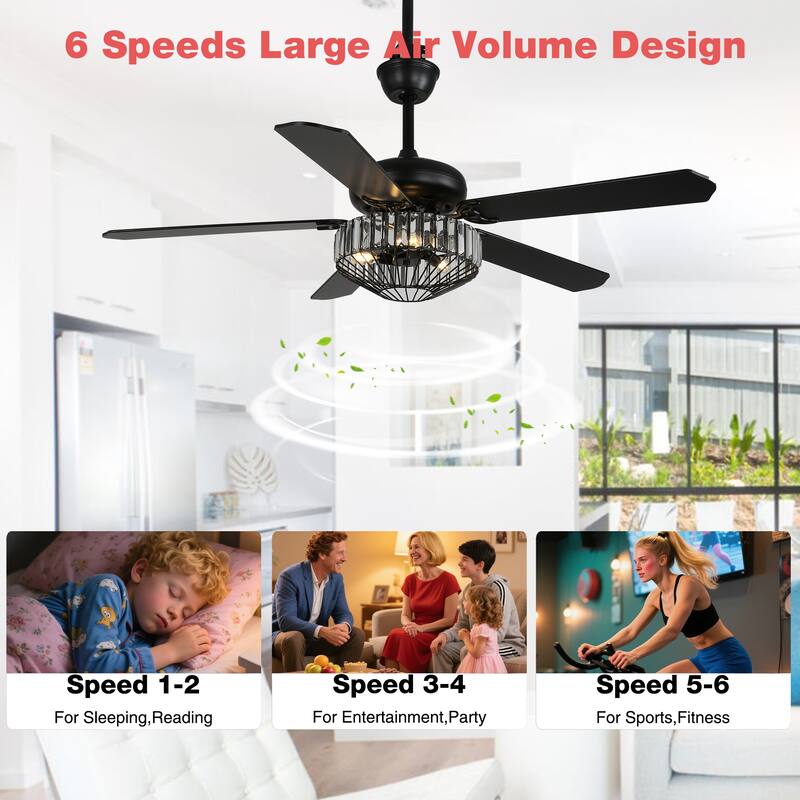 42"/52" Modern Crystal Ceiling Fan with Light, 5 Wood Blades, DC Motor, Remote, Dual Downrods