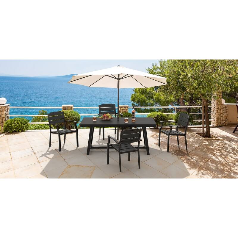 An Outdoor Dining Table Made Of Aluminum Alloy And HDPS With a 1.96-inch Umbrella Hole - 35.5" W x 70" L x 29.5" H - Black