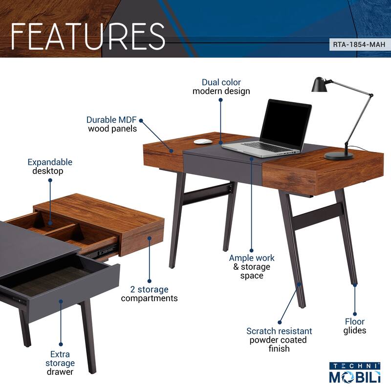 Techni Mobili Writing Desk - Dual Side & Pull-Out Front Drawer