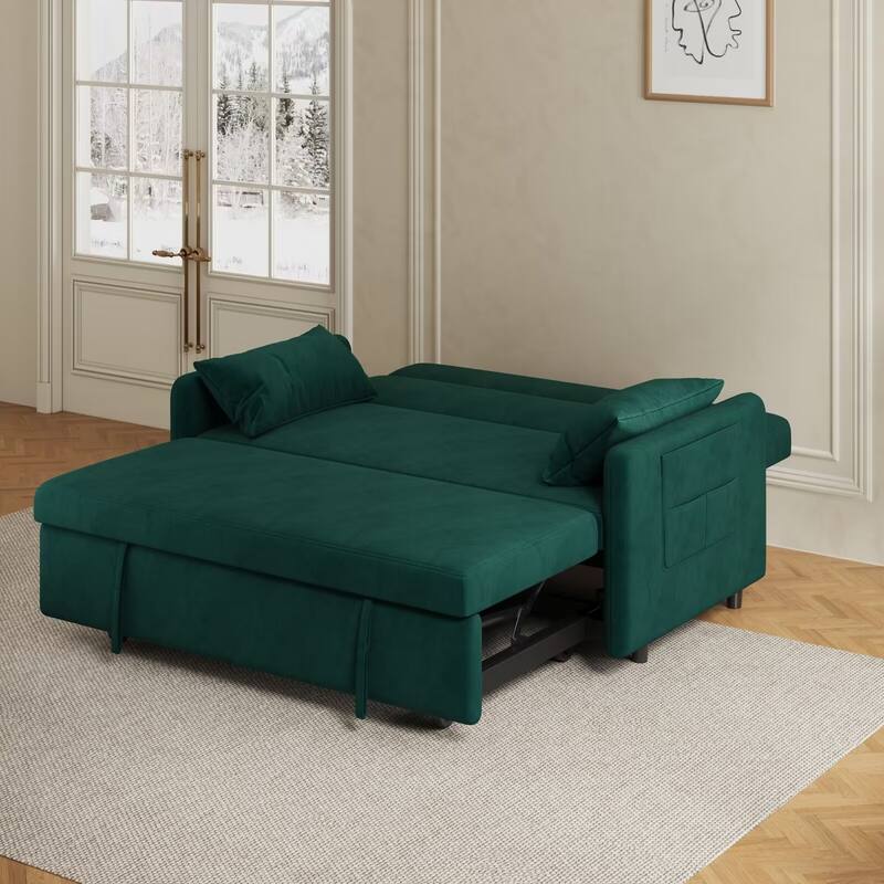 Sofa Pull Out Bed Included 2 Pillows Velvet Sofa for Small Spaces Teal