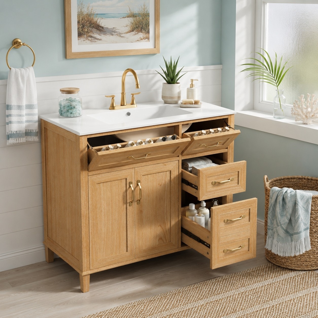 36" Bathroom Vanity with Ceramic Sink, Natural Wood Grain Cabinet, Soft Close Doors Drawers, Modern Storage