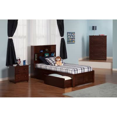 Newport Twin XL Platform Bed with Footboard and 2 Drawers in Walnut