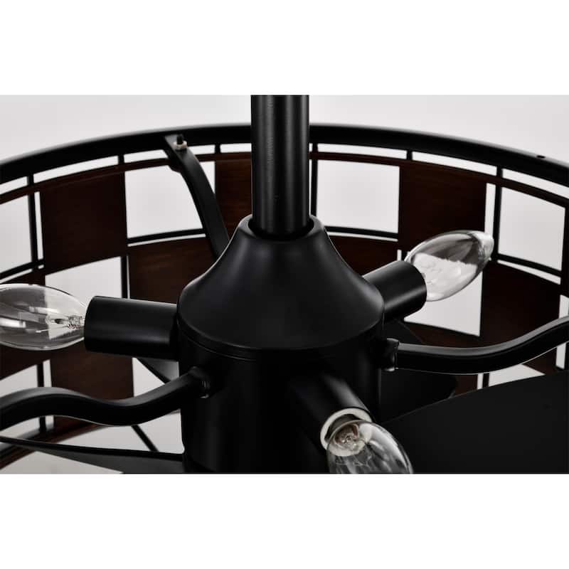 Frenda 18-Inch Matte Black and Wood Grain Finish Lighted Fandelier Checkerboard Drum Shade with REMOTE