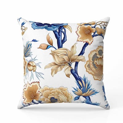 Vintage Bloom Indoor/Outdoor Reversible Throw Pillow Blue and Gold