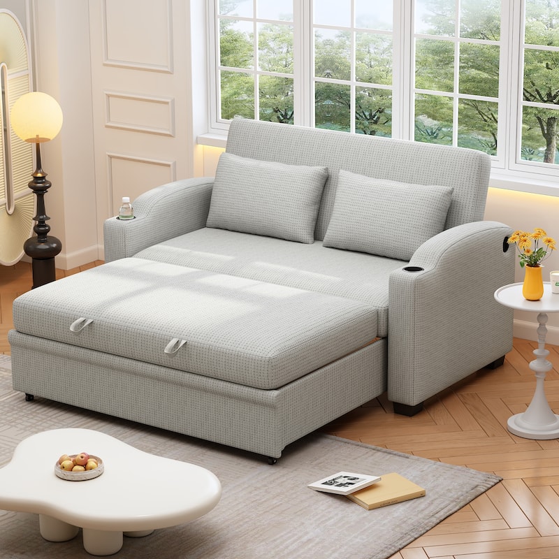61.6" Pull Out Sofa Bed with Adjustable Backrest, 2 Pillows, Cup Holders & USB Ports, White Gray, Chenille
