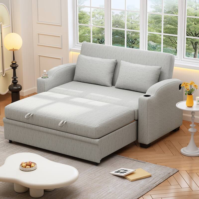 Chenille Loveseat Convertible Pull-out Sleeper Sofa Bed Adjustable Backrest Tufted Couch with 2 Pillows & USB Ports