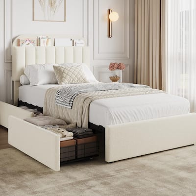 Twin/Full Bed Frame with 2 Flexible Drawers and Bookcase Headboard, Boucle Upholstered Platform Bed for Boys/Girls
