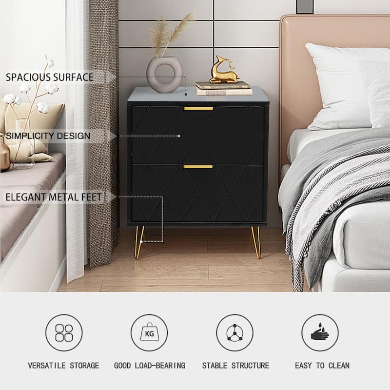 Modern Set of 2 Nightstands with Metal Legs 2-Drawer Bedside Table