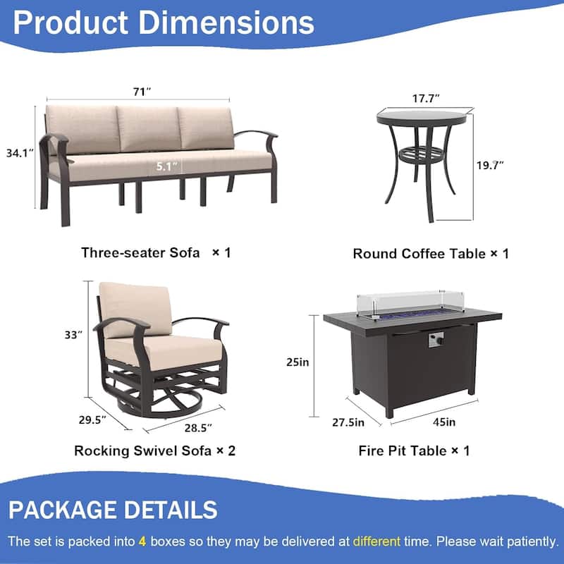 Aluminum Patio Furniture Set with FirePit Ottomans Swivel Chairs,Sectional Sofa with Thick Seat Cushions for Porch Garden