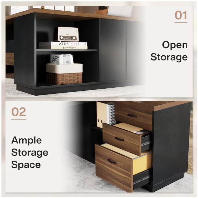 78.7" L-Shaped Executive Desk with File Cabinet & Drawers Light Walnut + Black