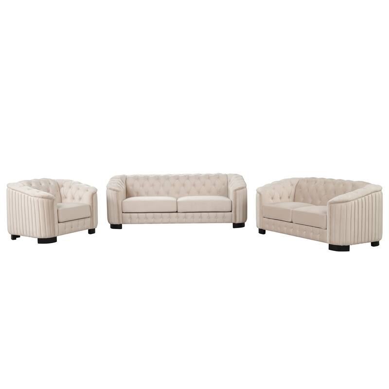 3-Pieces 6-Seat Velvet Sofa Set (3+2+1) with Rubber Wood Legs & Tufted Back