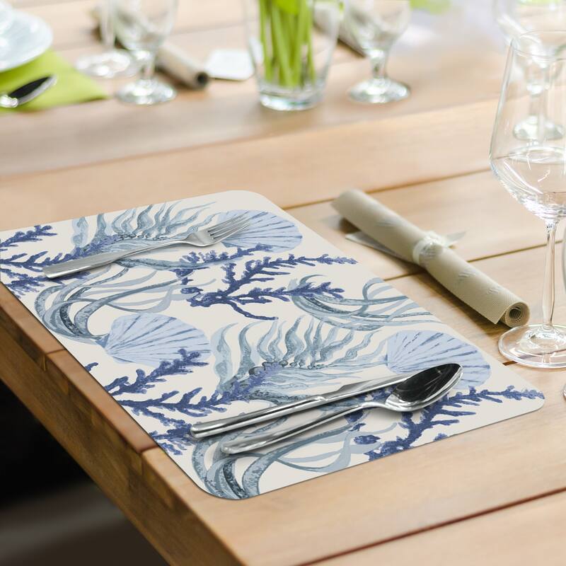 Blue Sea Life 4 Pack Reversible Easy Care Flexible Plastic Placemats Made in The USA BPA Free Easily Wipes Clean