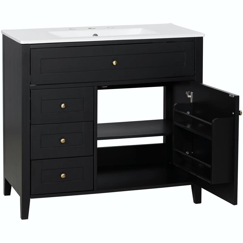 Bathroom Vanity with Sink, Modern MDF and Rubberwood Cabinet with 3 Drawers and Adjustable Shelf