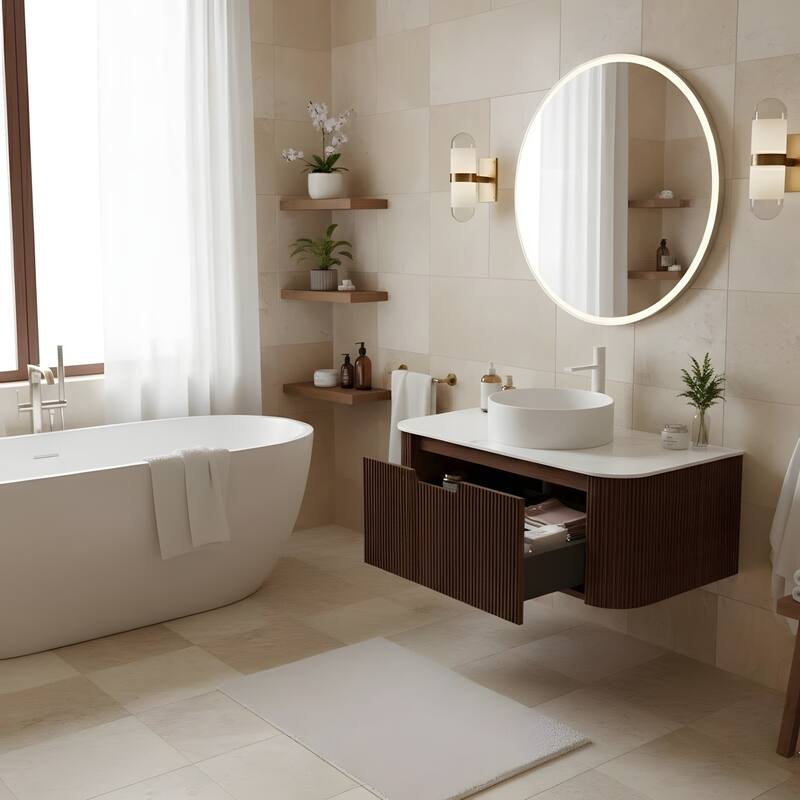 Wall Mounted Bathroom with White Round Ceramic Basin and Drawer