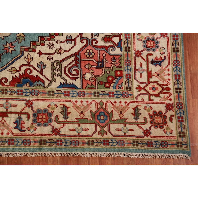 Light Blue Geometric Heriz Serapi Indian Area Rug Handmade Wool Carpet - 8'10"x 11'10"