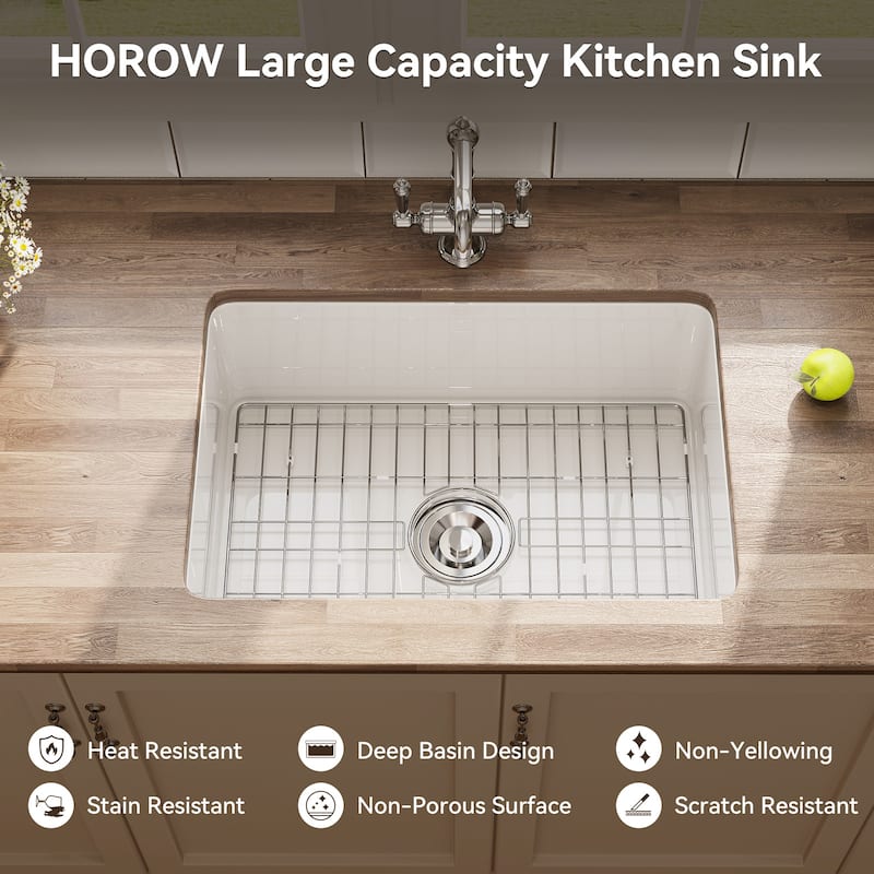 HOROW Undermount Fireclay 27 in. Single Bowl Kitchen Sink, with Grid and Strainer in White