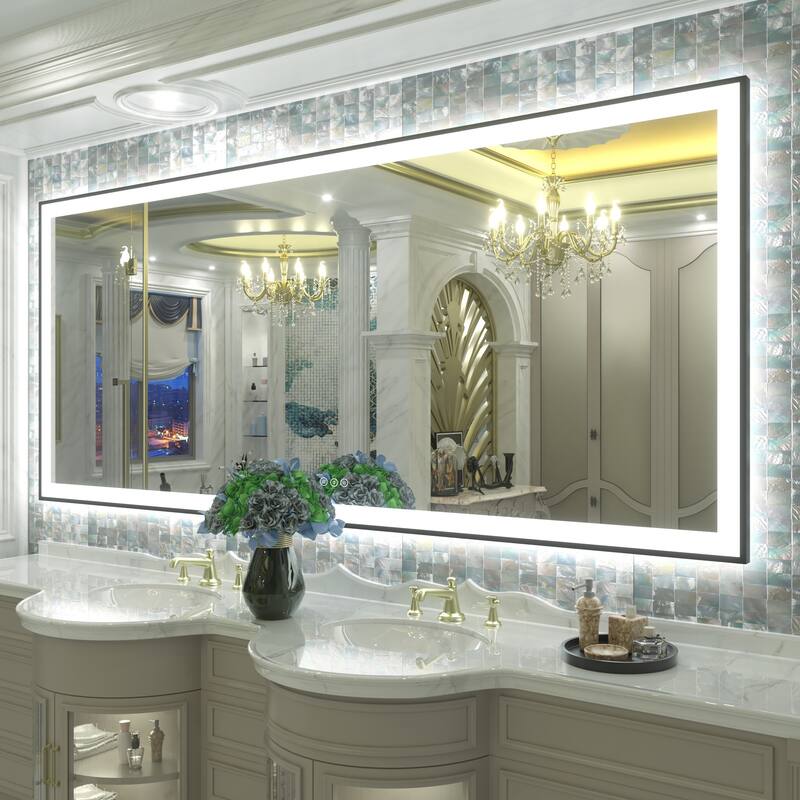 Front & Back LED Anti-Fog Tempered Glass Framed Bathroom/Vanity Mirror 3-Year Warranty - 88" x 38"-Square Corner - Black