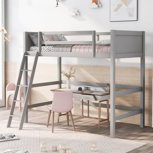 slide 2 of 38, Minimalist Design Twin Size Wood Loft Bed with Ladder,Solid Wood Slats Blend Gray