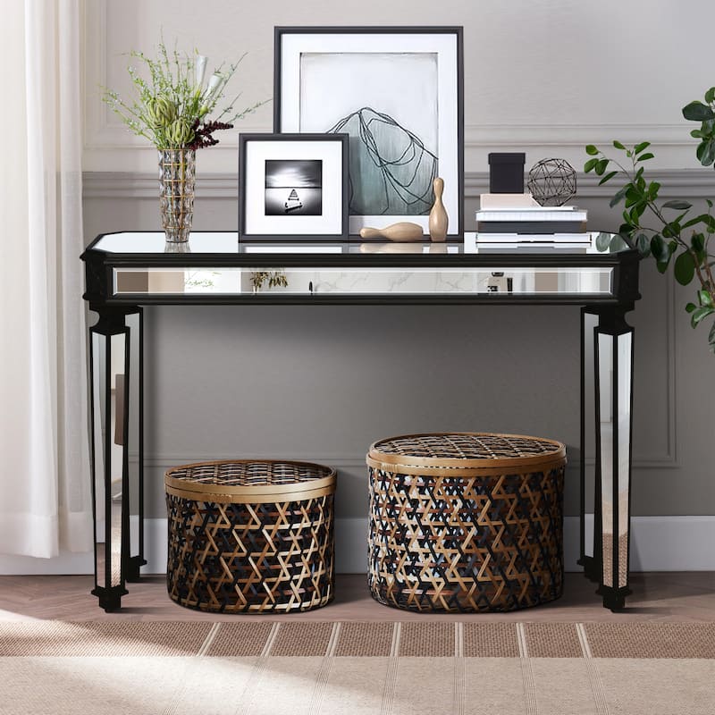 Versatile Mirror Console Table with Vintage Wood Carving Elements