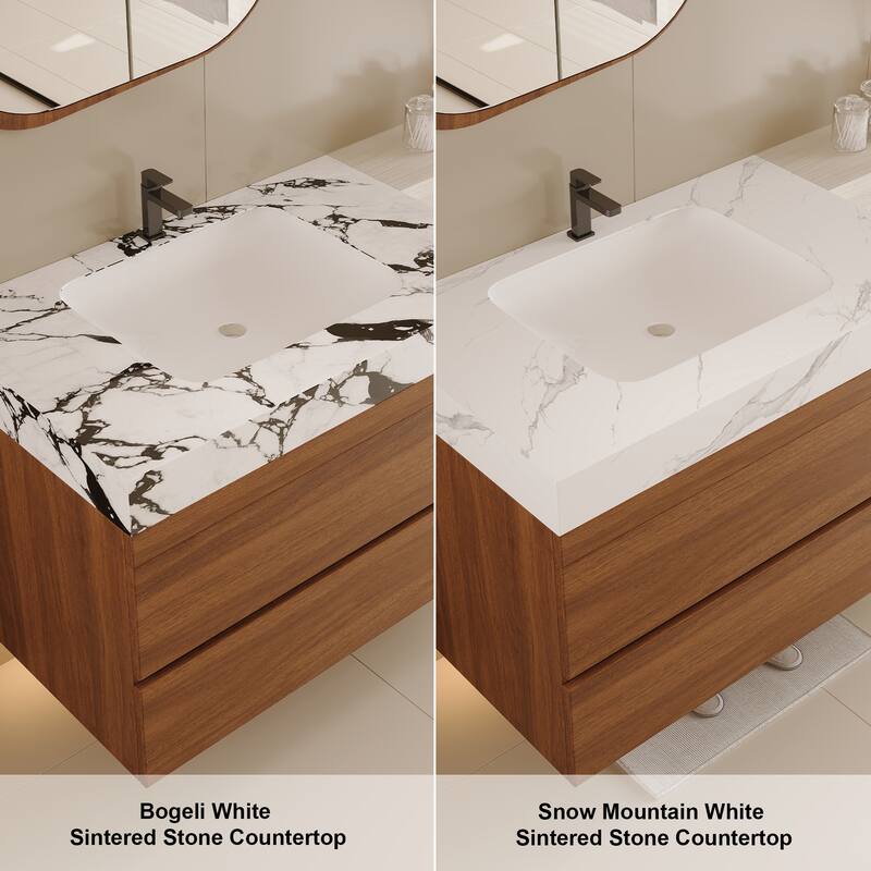 GDFStudio - Modern 31.5" Wall-Mounted Bathroom Vanity with Sintered Stone Top, Ceramic Undermount Sink & Soft-Close Drawers