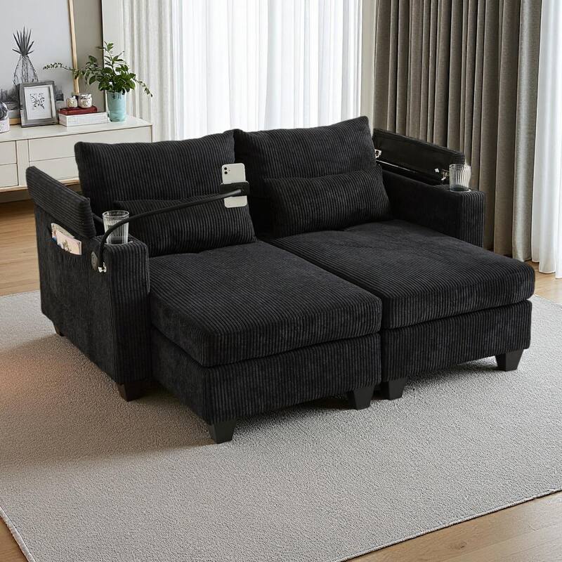 Convertible Chaise Lounge Loveseat with USB Ports, Cup Holders, Storage & Phone Mount - Black