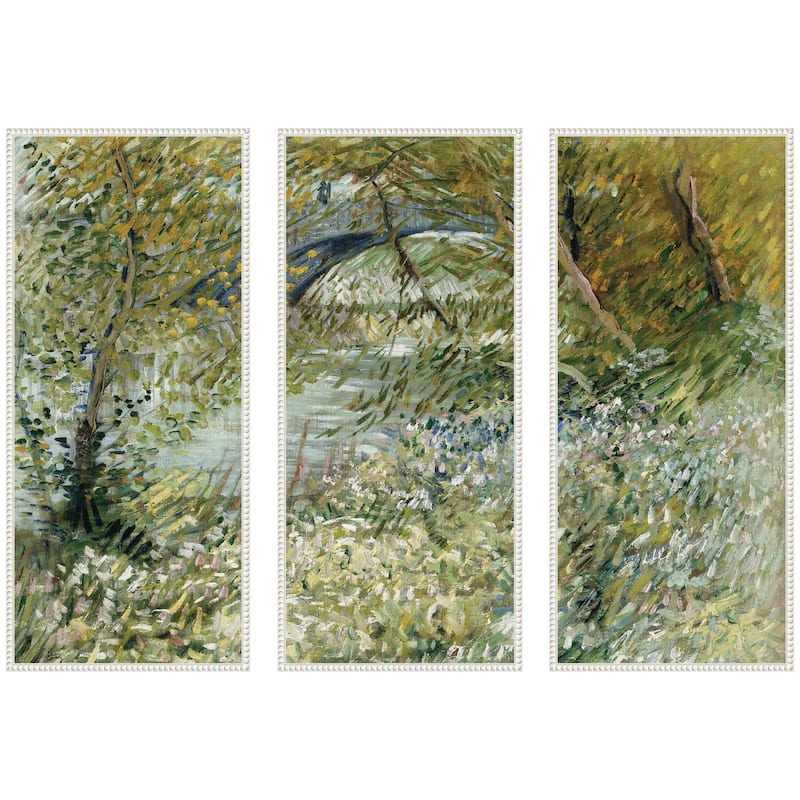 Kate and Laurel Vincent van Gogh River Bank in Springtime 1887 3 Piece Framed Canvas Wall Art Set by Nostalgia Prints - 3 Piece Set 18x40