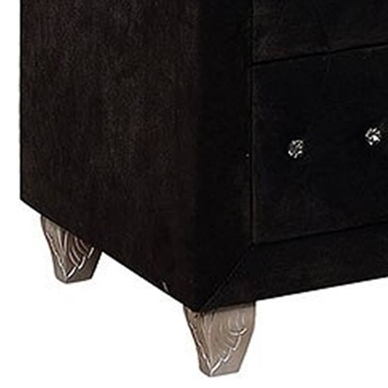 Rea Tall Dresser Chest, 5 Drawers with Crystal Knobs, Black Velvet Upholstery