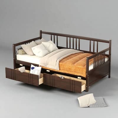 Twin Size Wood Daybed with 2 Storage Drawers, Solid Pine Frame Platform Sofa Bed with Slats