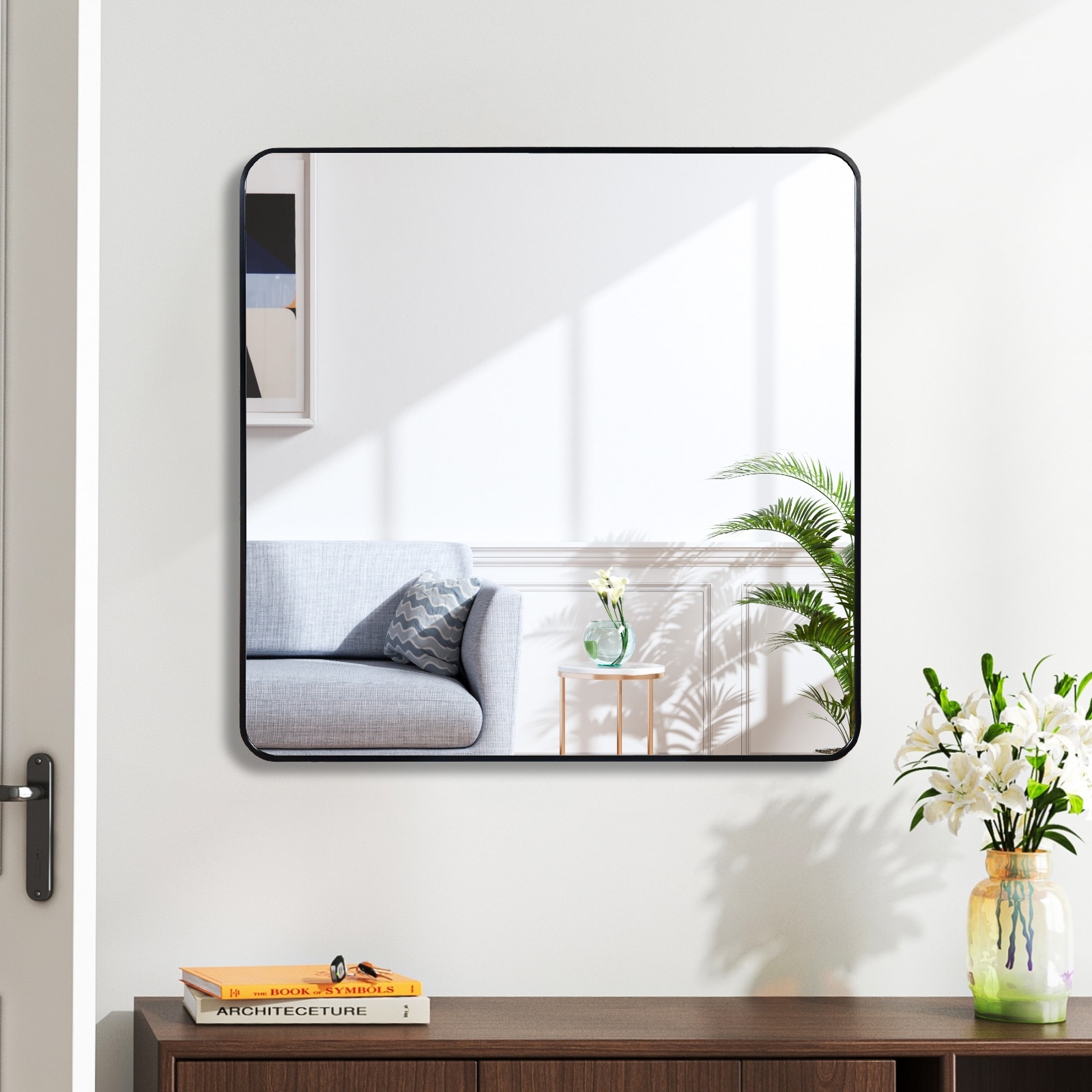 30 in x 30 in Black Metal Framed Square Bathroom Mirror for Wall.