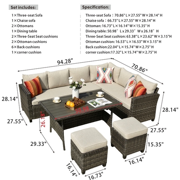 Ovios Patio Furniture Sets 5-piece Rattan Wicker Chair Sectional Sofa Set With Table Ottoman