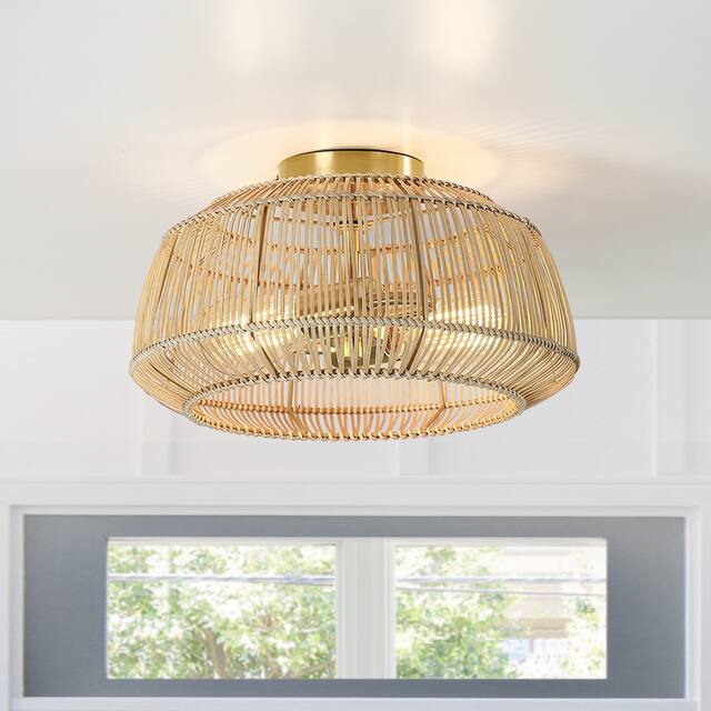 2-Light Bohemian Rattan Semi-Flush Mount Ceiling Light - D14"x H8" - Brass - 14 in. W