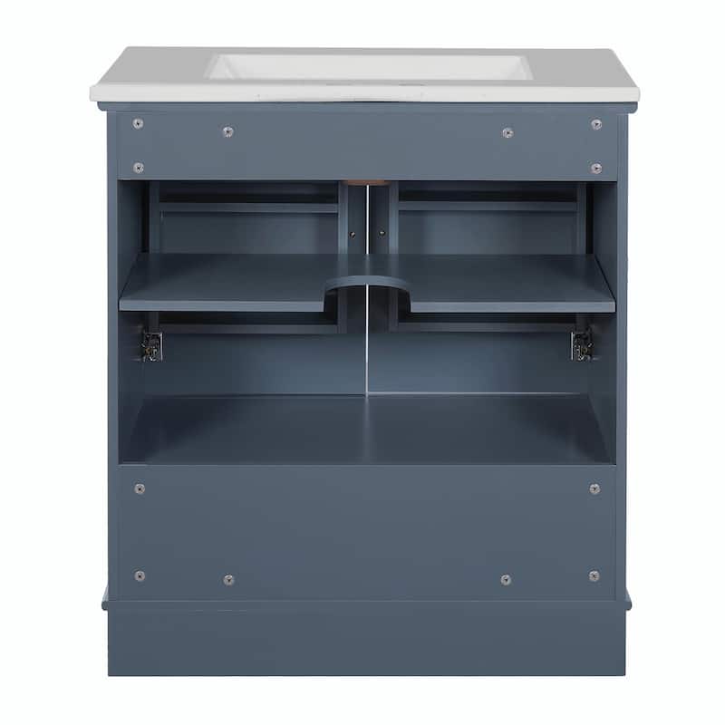 30" Bathroom Vanity with Ceramic Sink - Solid Wood Frame Bathroom Sink Cabinet with Adjustable Shelf