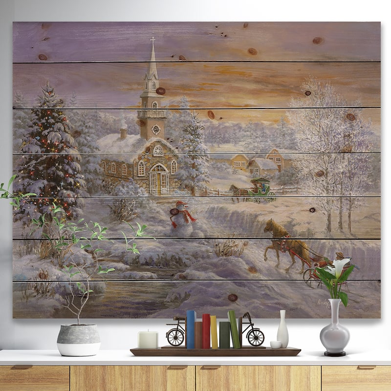 Designart 'Holiday Worship winter scene with sleigh and church' Print on Natural Pine Wood - Orange