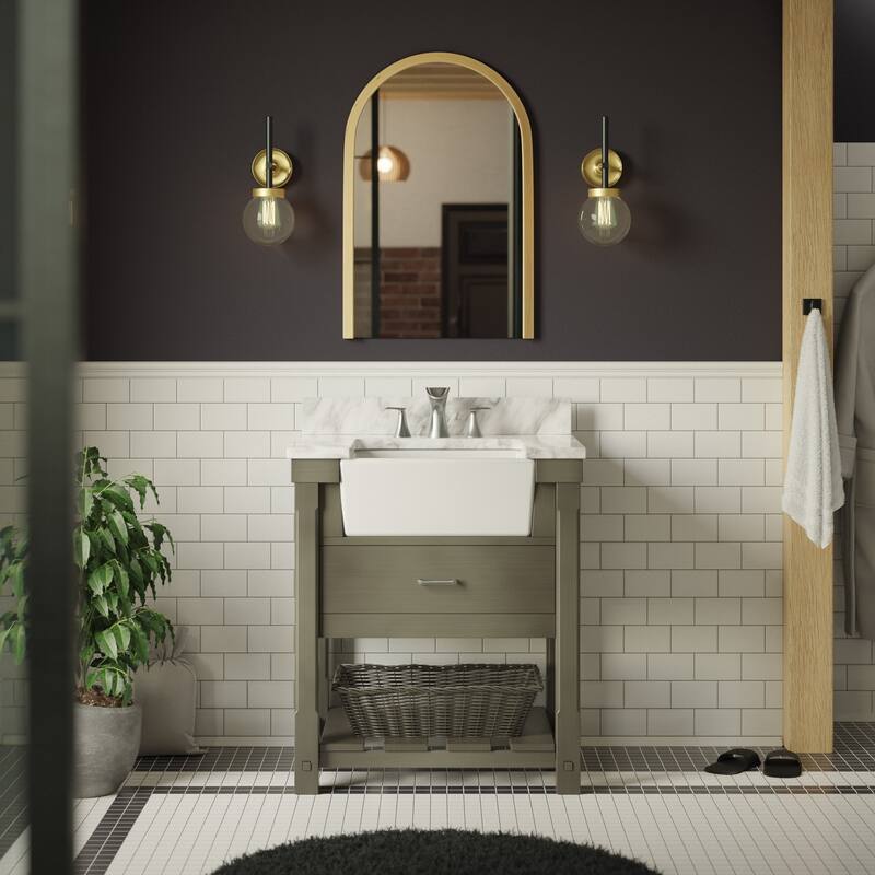 KitchenBathCollection Charlotte 30" Farmhouse Bathroom Vanity with Carrara Marble Top - Weathered Gray