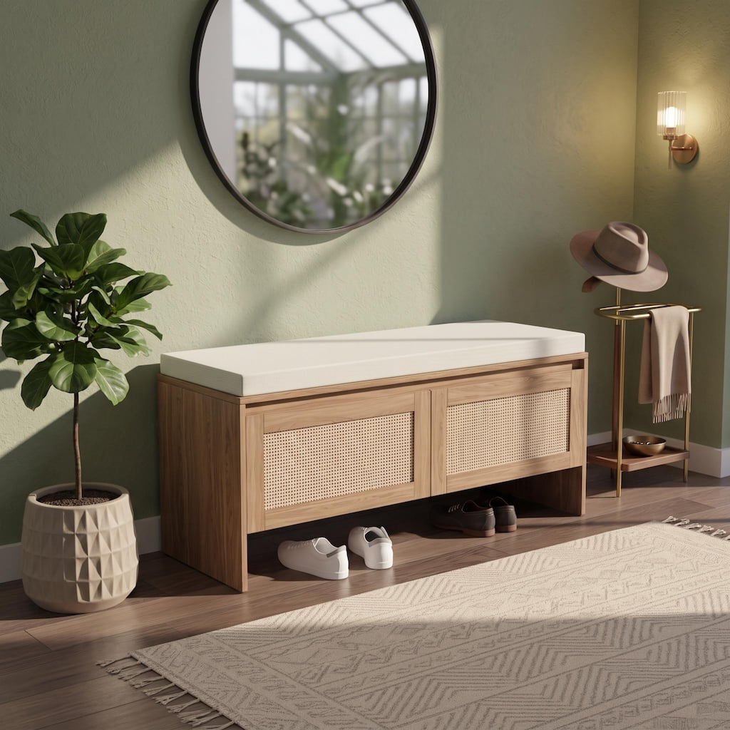 FurnitureR Rattan Shoe Storage Bench with Cushion, Entryway Bench with 2 Door Cabinet for Hallway, Mudroom and Bedroom